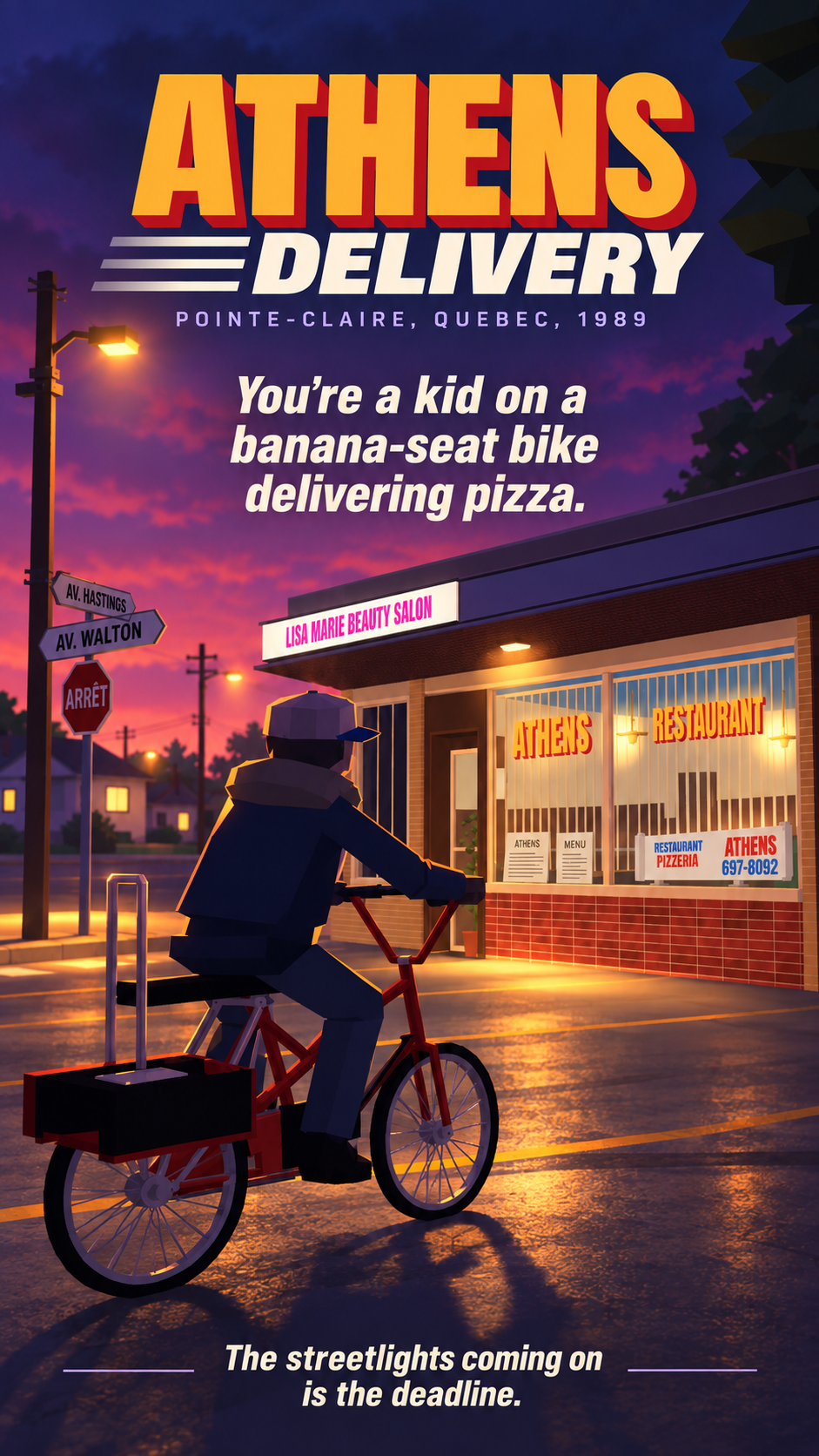 A kid on a banana-seat bike outside Athens Restaurant on avenue Walton at dusk, Pointe-Claire, Quebec, 1989.